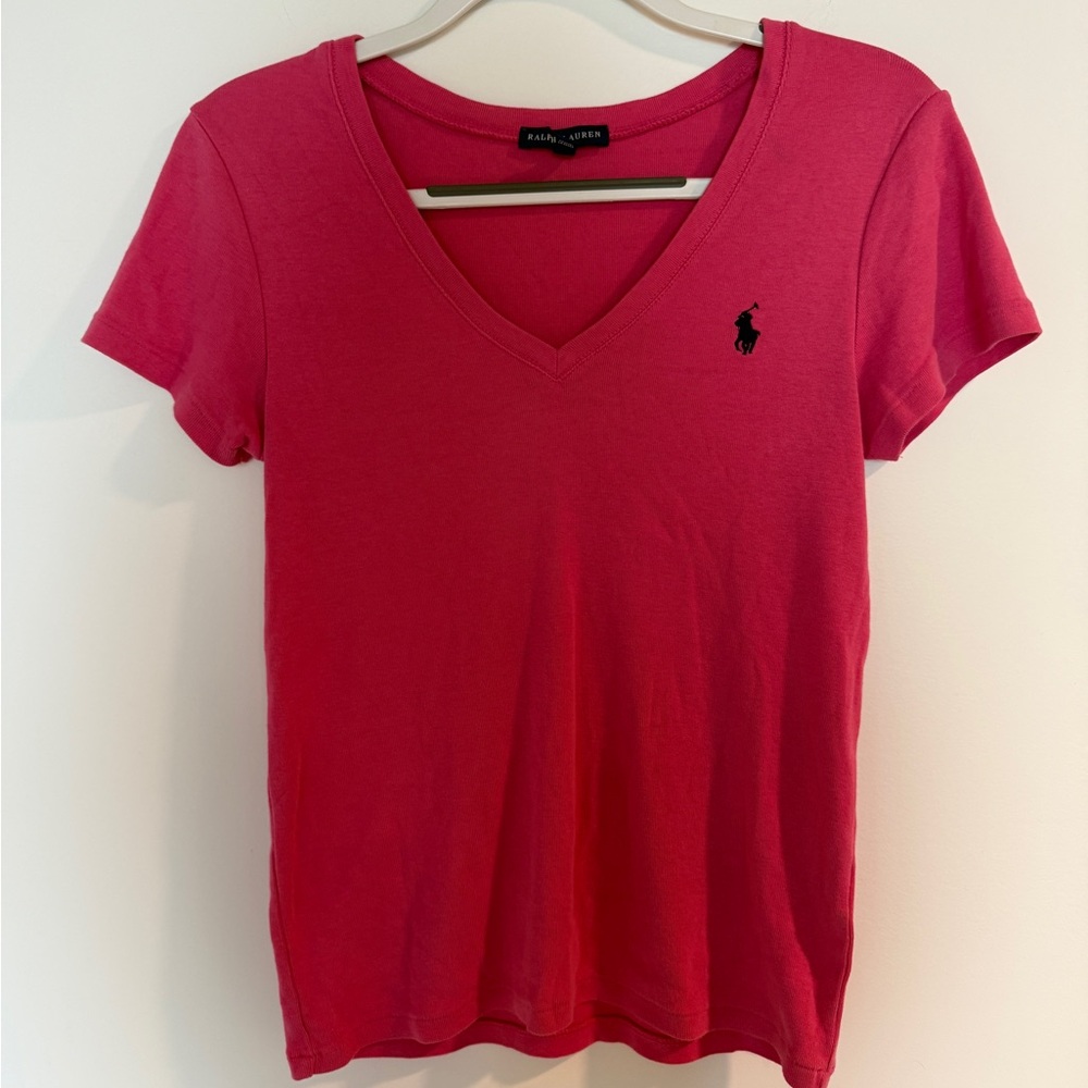 Ralph Lauren Women's Bright Pink V-Neck Tee